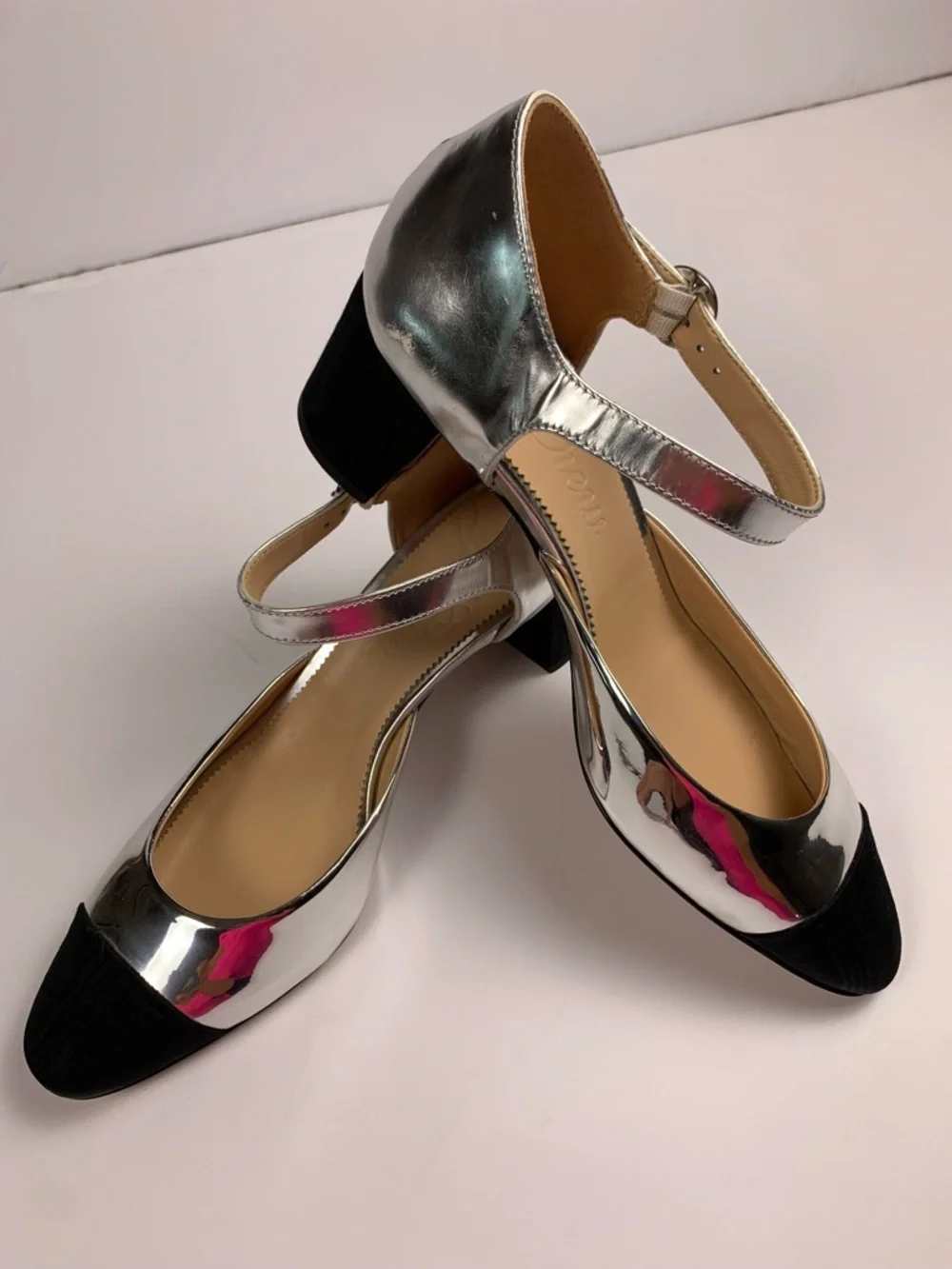 J.Crew Maisie Silver Leather Mary Jane Block Heels Black Cap Toe 9.5